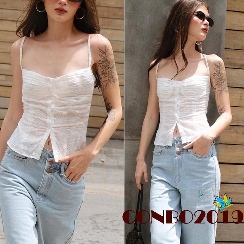 Hgm Áo Tank Top Hai Dây Dáng Ôm In Hoa Khoét Rỗng Cài Nút Thời Trang Cho Bạn Gái