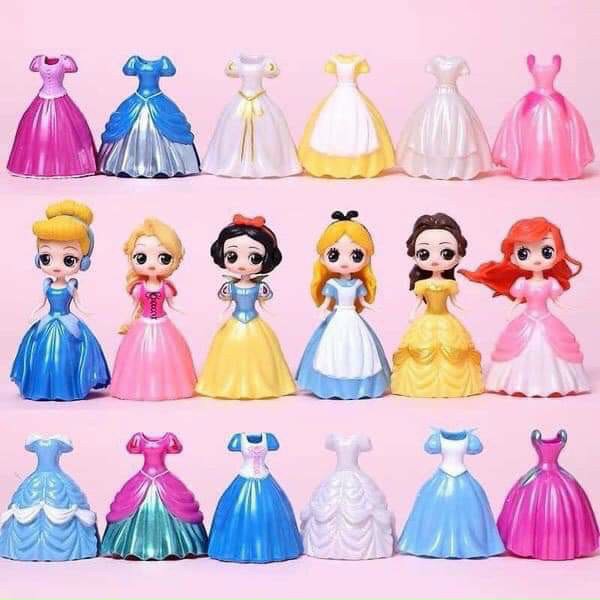 Set 6 công chúa thay váy nhựa tặng kèm 18 váy thay đổi, Búp bê thay váy Disney kt 8cm