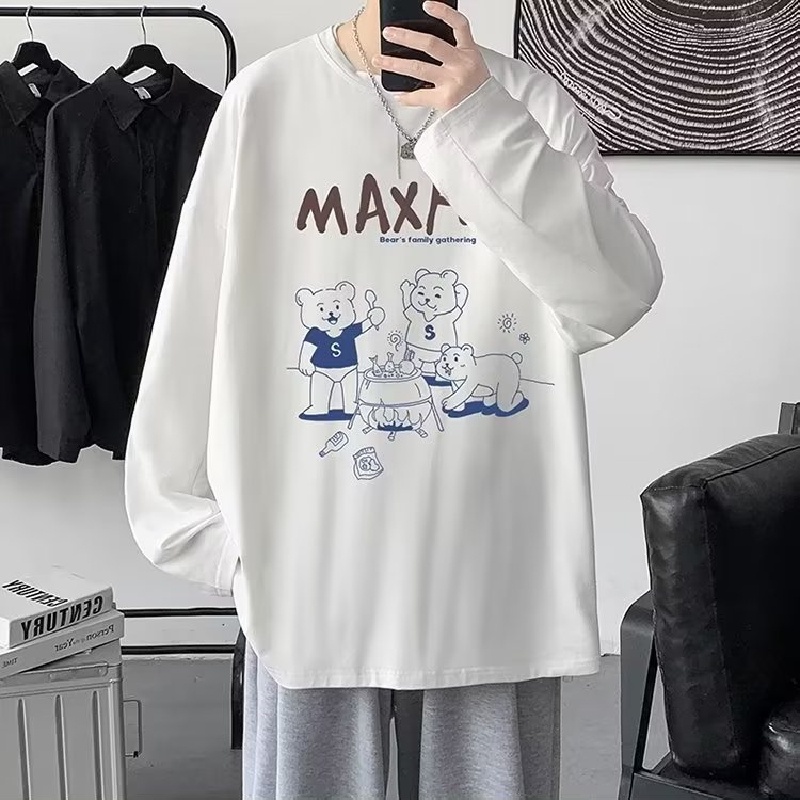 Áo Thun Tay Dài Dáng Rộng In Họa Tiết Gấu Hoạt Hình Thoải Mái Thời Trang Cho Nam Và Nữ size M-5XL