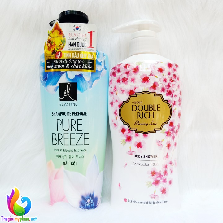 Combo Dầu Gội Elastine Pure Breeze 600ml + Sữa Tắm Double Rich Hoa Anh Đào 550g