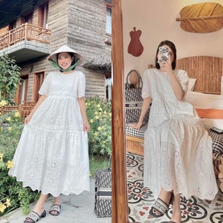 Đầm maxi trắng, Váy suông form rộng Cao Cấp vải kate thêu, dài qua gối, tay ngắn nữ tính quyến rũ - MiNhi