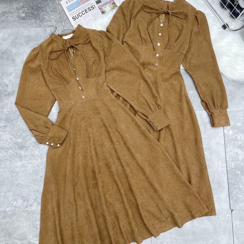 Váy nhung tăm nâu tay bồng cúc ngọc, chân váy xoè Lolita. Đầm vintage cổ nơ công sở
