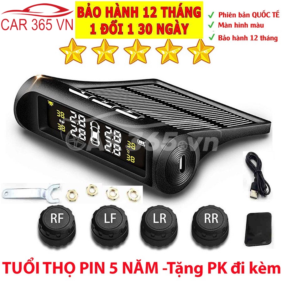 Cảm biến áp suất lốp xe hơi van ngoài cao cấp Car365, Pin năng lượng mặt trời, màn hình LCD, tuổi thọ pin 5 năm
