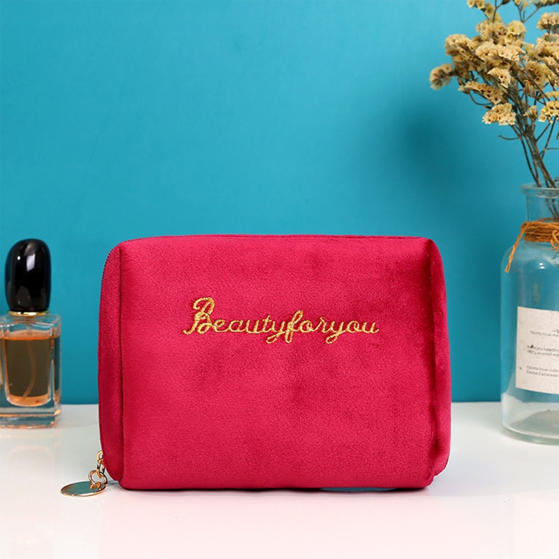 Túi Đựng Đồ Trang Điểm Bằng Vải Nhung Thêu Chữ Kích Thước Lớn Có Khóa Kéo Tiện Dụng Mang Theo Du Lịch