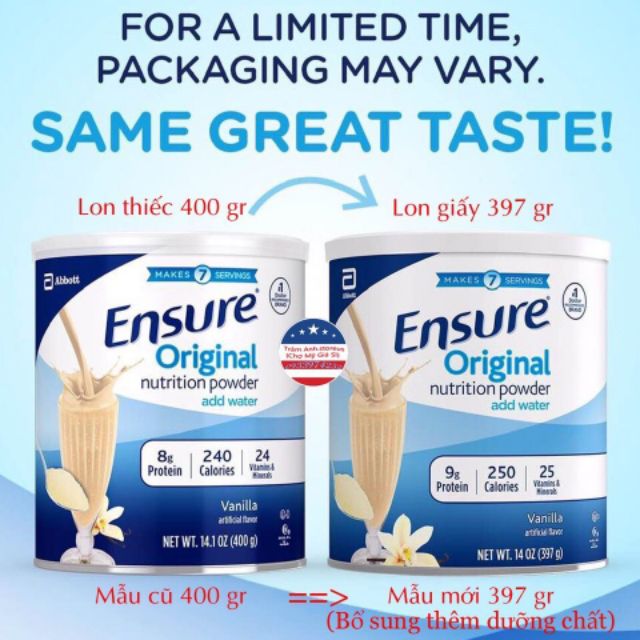 Sữa Bột Ensure Original Nutrition Powder 397g  Mỹ  có thêm nhiều thành phần dưỡng chất