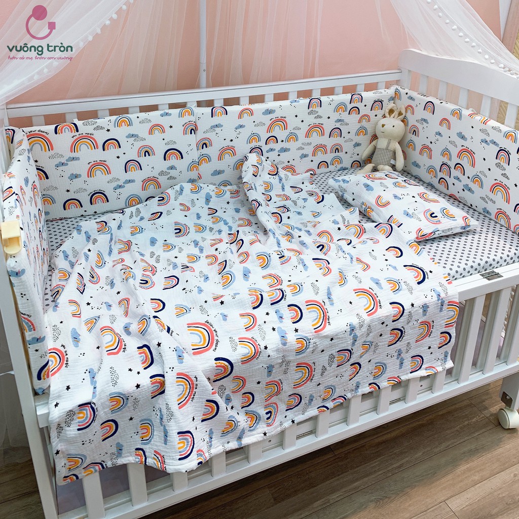 Quây cũi cao cấp Vuông Tròn vải coton hàn, thoáng mát đẹp an toàn cho bé