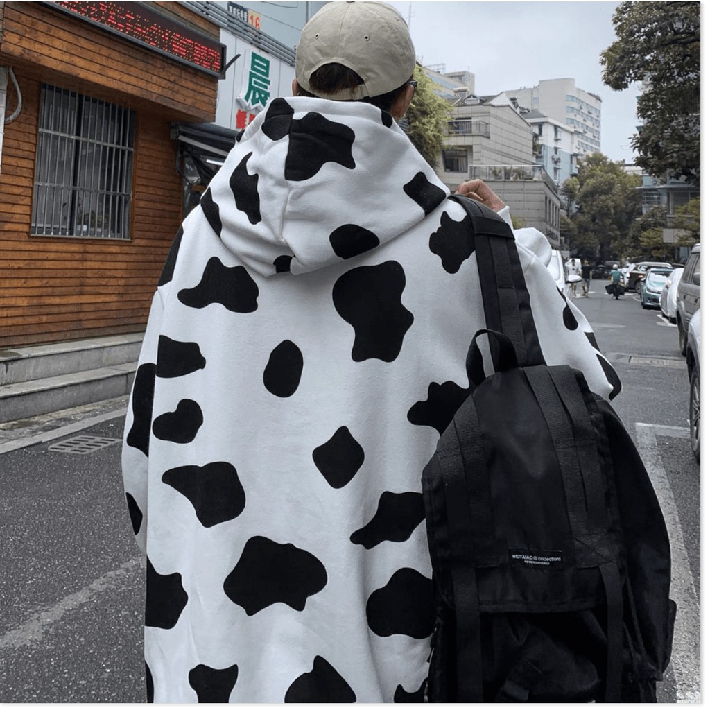 ÁO HOODIE NAM PHỐI HỌA TIẾT BÒ SỮA ĐẸP PHONG CÁCH TINH TẾ CÓ NÓN