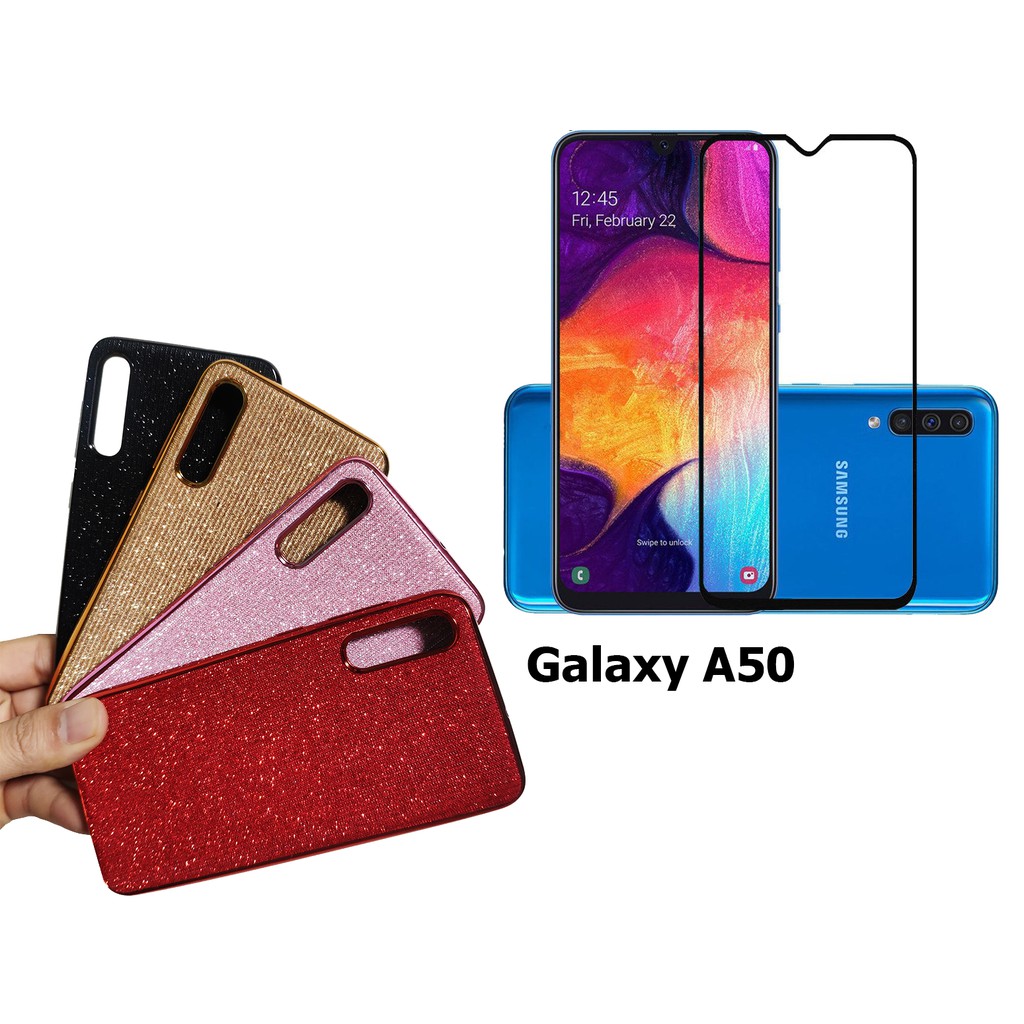Bộ ốp lưng kim tuyến kính cường lực full màn hình Galaxy A50