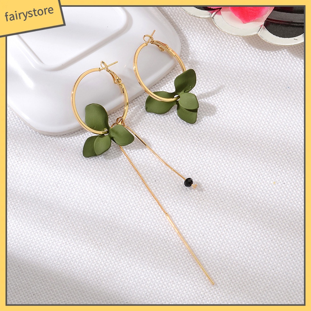 Khuyên tai vòng tua rua thả dây xích dài mặt hoa lá không cân xứng thời trang cho nữ