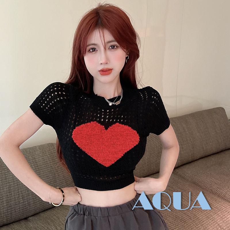 Áo Croptop Dệt Kim Tay Ngắn Cổ Tròn In Họa Tiết Trái Tim Khoét Rỗng Phong Cách Đường Phố Cho Nữ