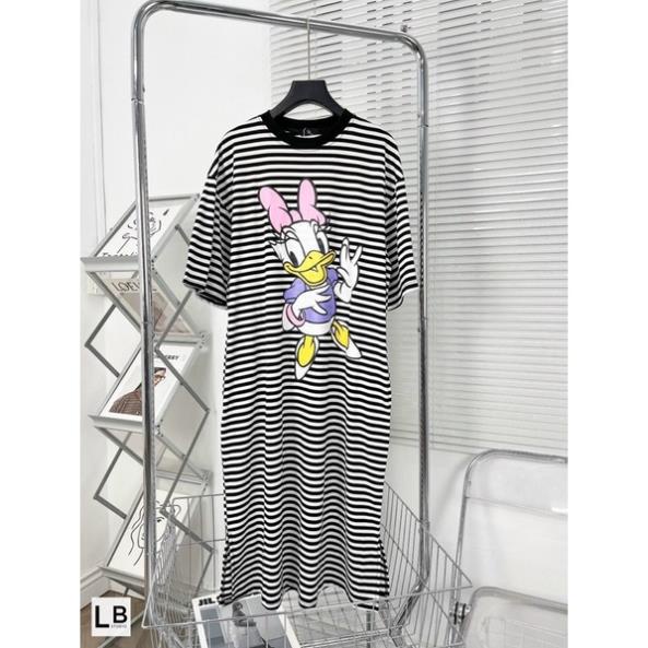 Váy Thun Kẻ In Hình Phom Rộng Dáng Dài Bầu Bí Mặc Thoái Mái