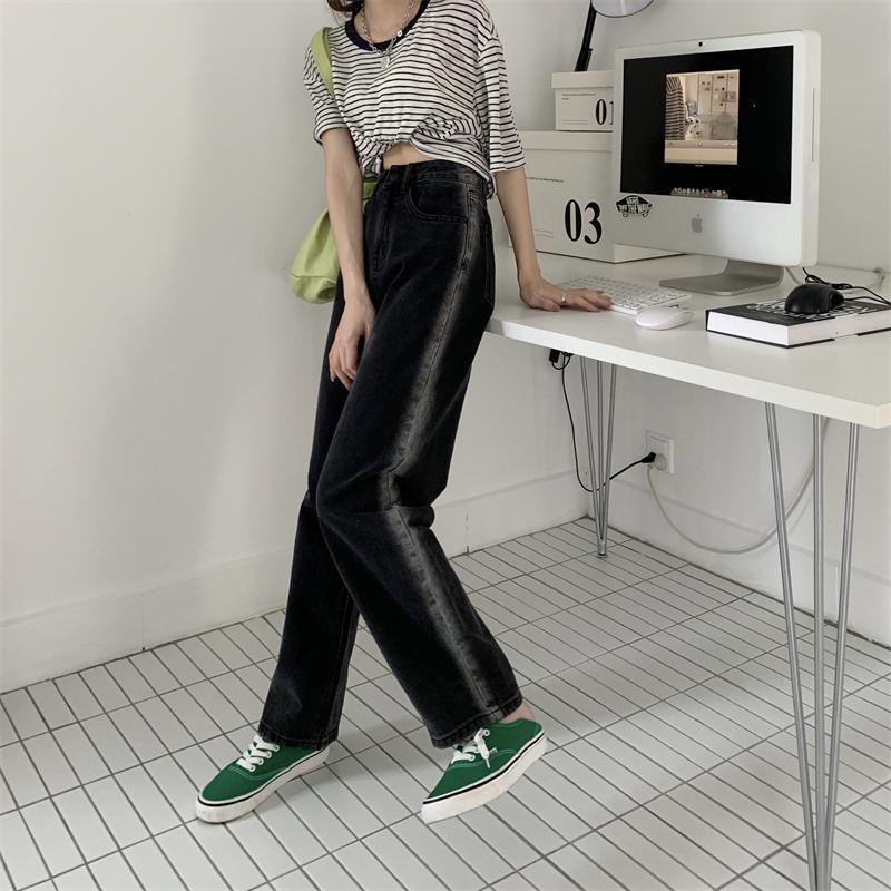 Quần Jean Ống Rộng Màu Đen Lưng Cao Họa Tiết Kẻ Sọc Phong Cách Hàn Quốc Thời Trang Cho Nữ