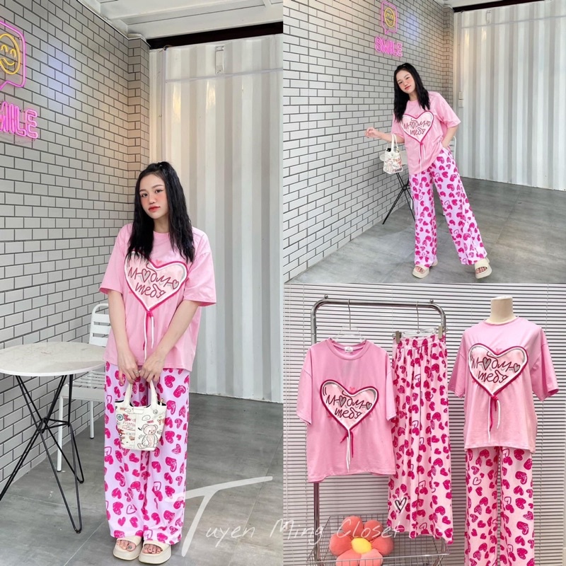 Set áo trái tim phối dây nơ quần suông gân A5