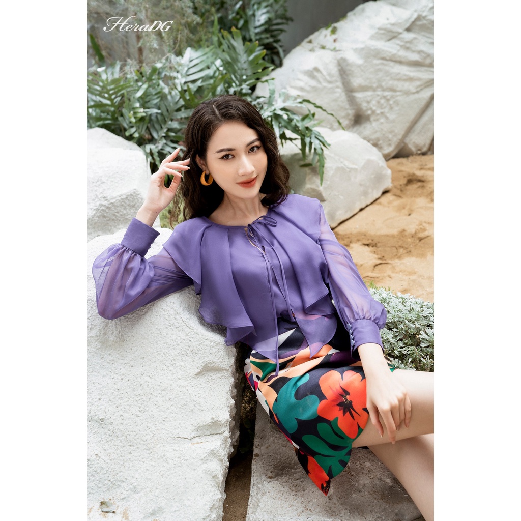 Áo sơ mi dáng suông nữ HeraDG thiết kế cổ bèo buộc nơ, chất liệu vải tơ cao cấp mềm mịn, thoáng mát SAKBB2038