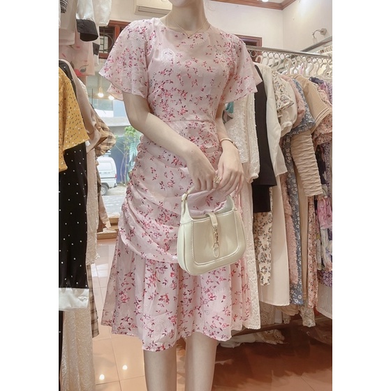 VÁY HỒNG TỈ MUỘI XẾP RÚM CHE BỤNG