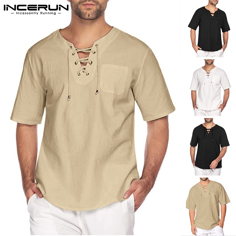 Áo thun INCERUN thiết kế tay ngắn thắt dây trơn màu vải cotton cơ bản mùa hè dành cho nam