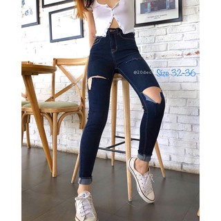 (Size Đại 60-90kg) Quần Dài Jean Xanh Đá Đậm - Hàng Siêu Co Giãn - Rách 1 Đùi Hông/Rách Nhiều