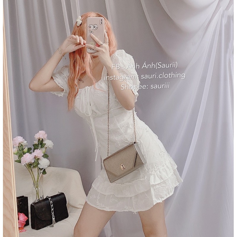 Váy bánh bèo trắng ren nổi vintage retro công chúa Đầm xoè ulzzang tiểu thư cổ vuông tay bồng hở lưng xinh xắn dạo phố