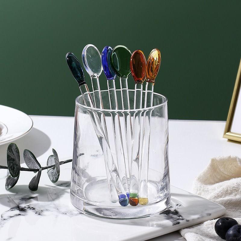Muỗng cà phê cán dài bằng thủy tinh thiết kế dễ thương nhiều màu sắc