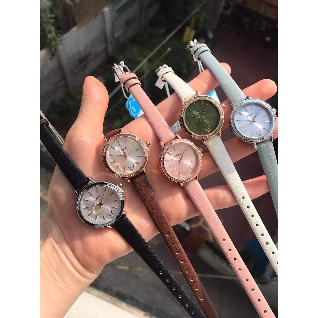 Đồng hồ nữ Panmila 0540 mẫu mới 2021 dây da, mặt tròn đính đá