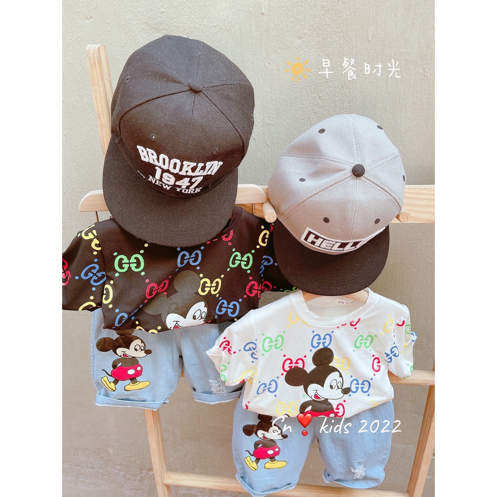 Bộ cộc tay bé trai, bộ áo cotton hình mickey kèm short jean xịn xò cho bé