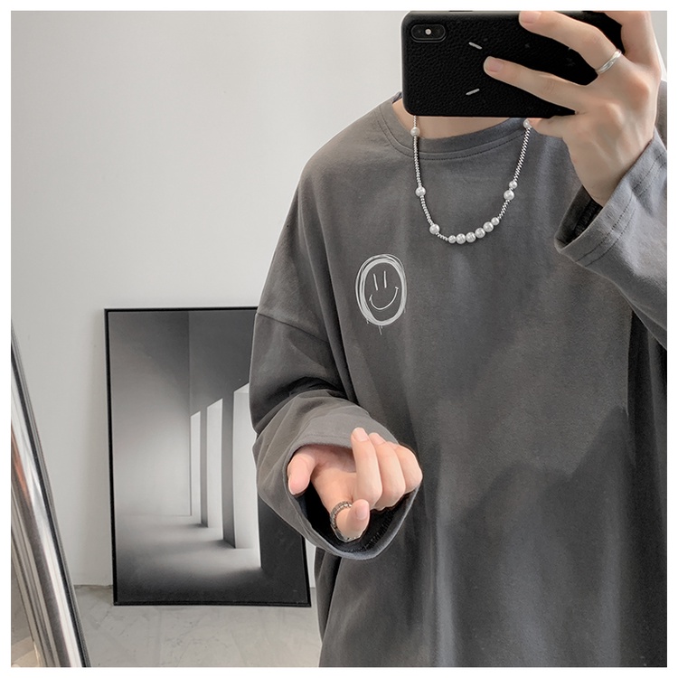 Áo thun tay dài in hình mặt cười cổ điển size lớn / M-8XL thời trang thu đông mới cho cặp đôi