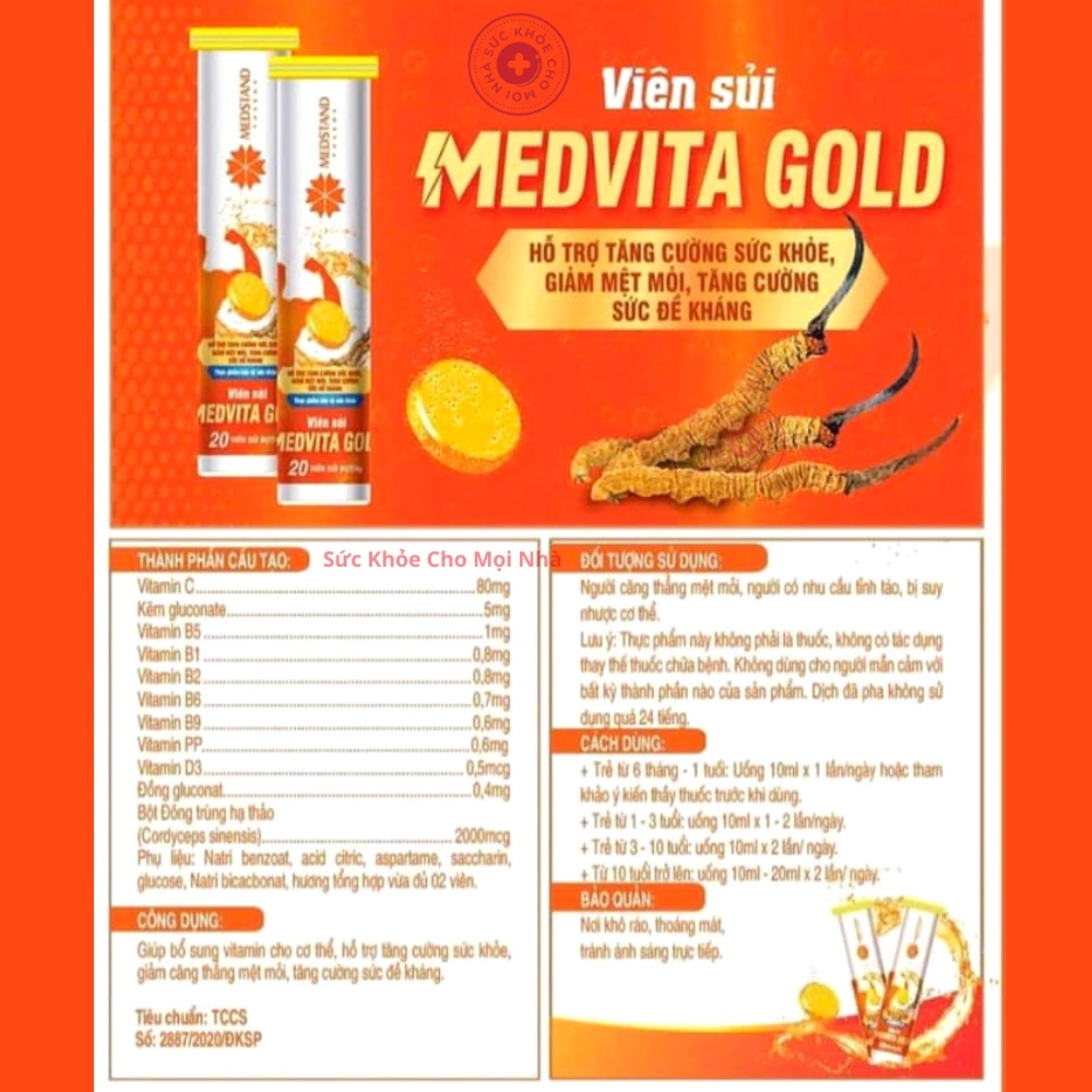Medvita Gold.Viên sủi đông trùng hạ thảo bổ sung vitamin cho cơ thể tăng sức đề kháng mát gan giải độc tuýp 20viên