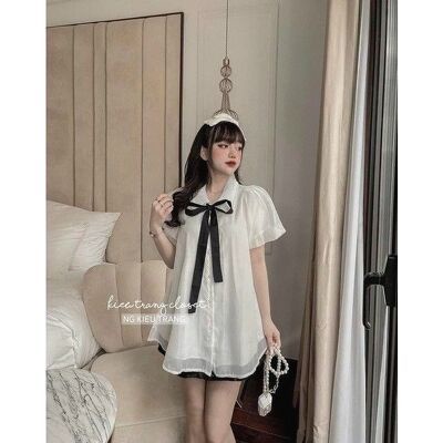 Áo sơ mi nữ cổ trụ phối bèo ren tiểu thư