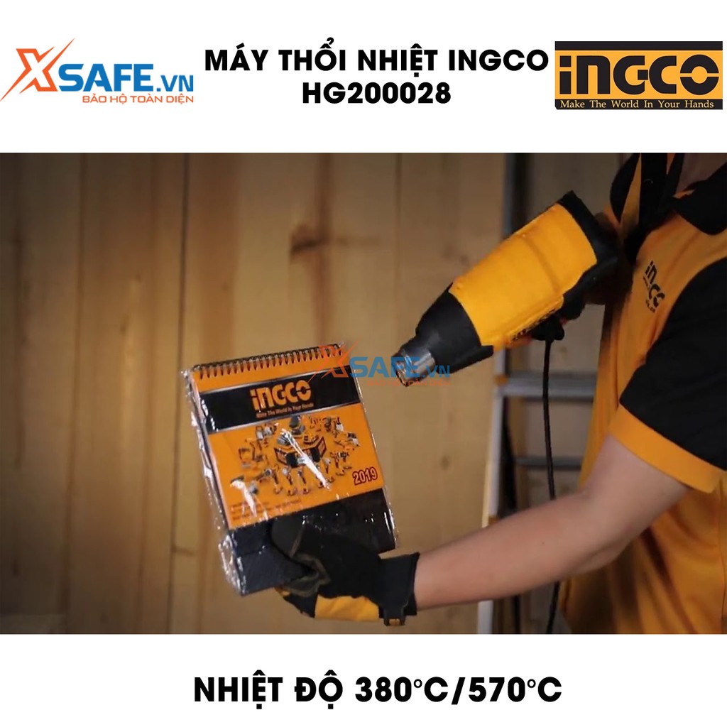 Máy thổi nhiệt INGCO HG200028 kèm theo 1 cây nạo/cào và 4 miệng vòi, công suất 2000W, nhiệt độ 380°C/570°C