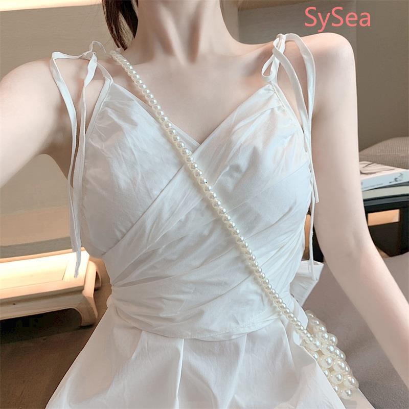 Đầm Hai Dây Màu Trắng Phối Bèo Thiết Kế Hở Lưng Quyến Rũ Cho Nữ