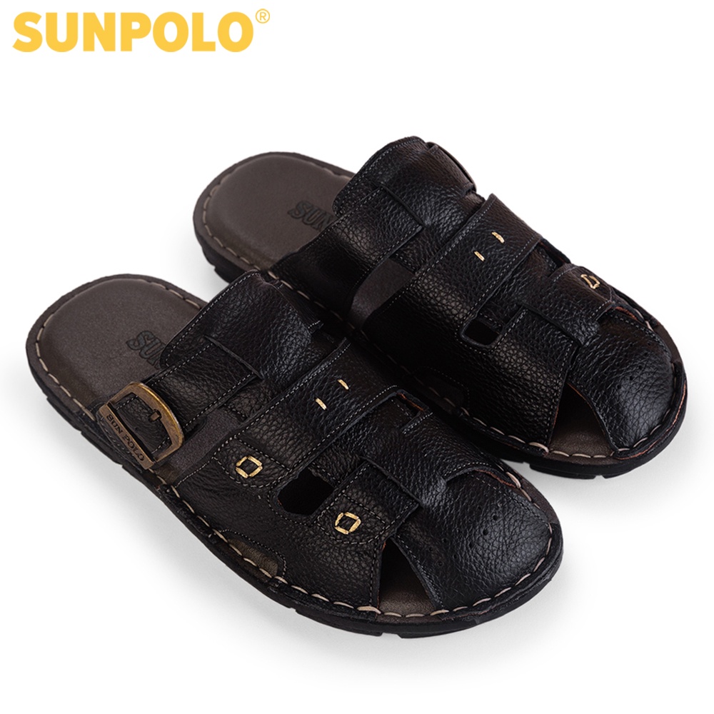 Dép Nam Bít Mũi Da Bò SUNPOLO Đen - ABI020 - Có Big size 44 45