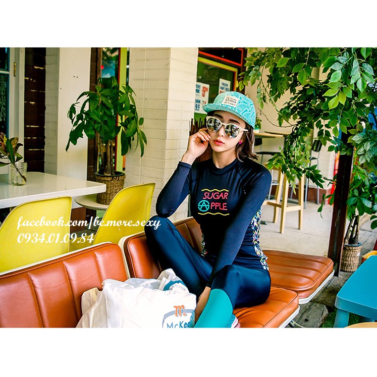 Đồ bơi dài tay Hàn Quốc xanh navy viền họa tiết | BigBuy360 - bigbuy360.vn