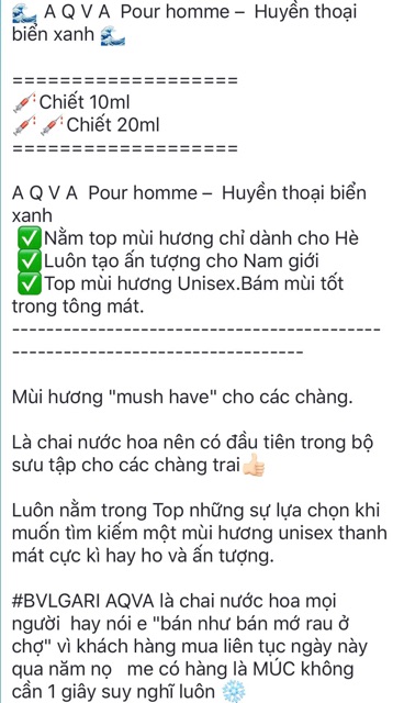 Chính Hãng . [Mẫu thử] Nước hoa Nữ BVLGARI Aqva Pour Homme Chuẩn Auth 1