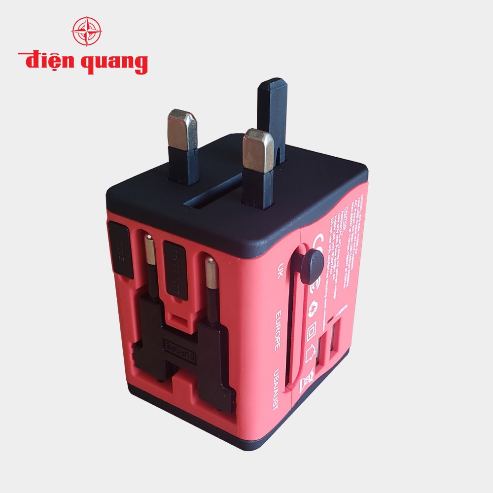 Ổ Cắm Đa Năng Du Lịch Quốc Tế Điện Quang, Tích Hợp 2 cổng USB hàng chính hãng ĐQ ESK TV06R 2U (màu đỏ)