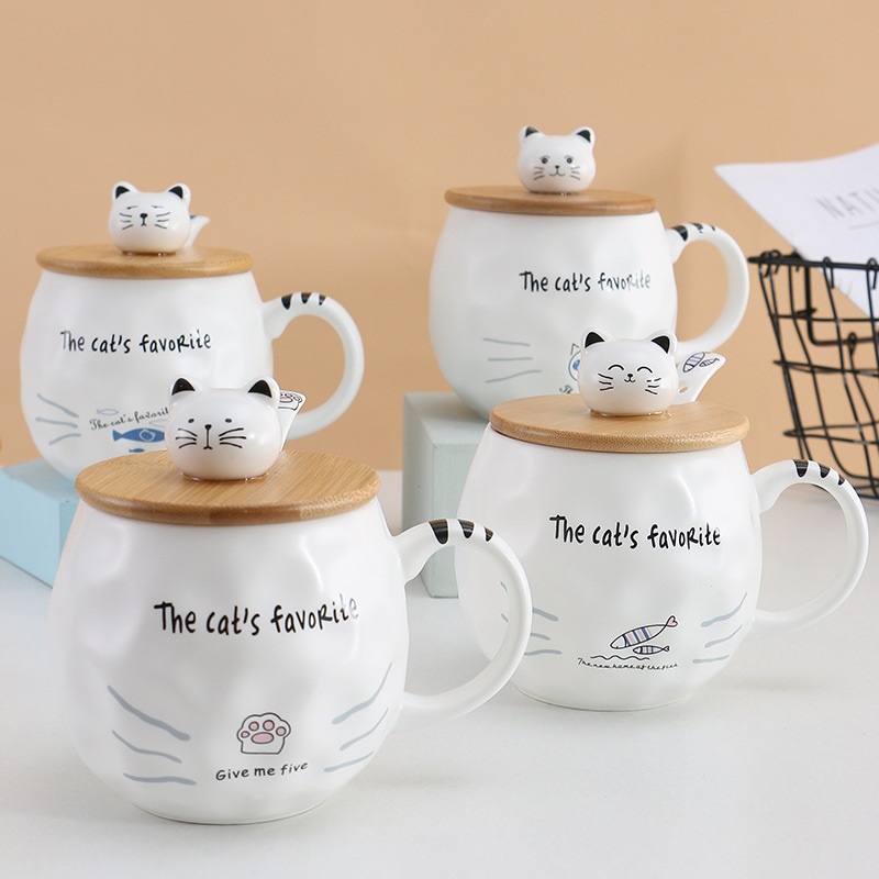 Ly sứ CAT'S FAVORITE - KHẮC TÊN THEO YÊU CẦU, cốc uống nước CÓ NẮP giữ nhiệt và THÌA, 400ml, HÔP QUÀ TẶNG in logo, hình
