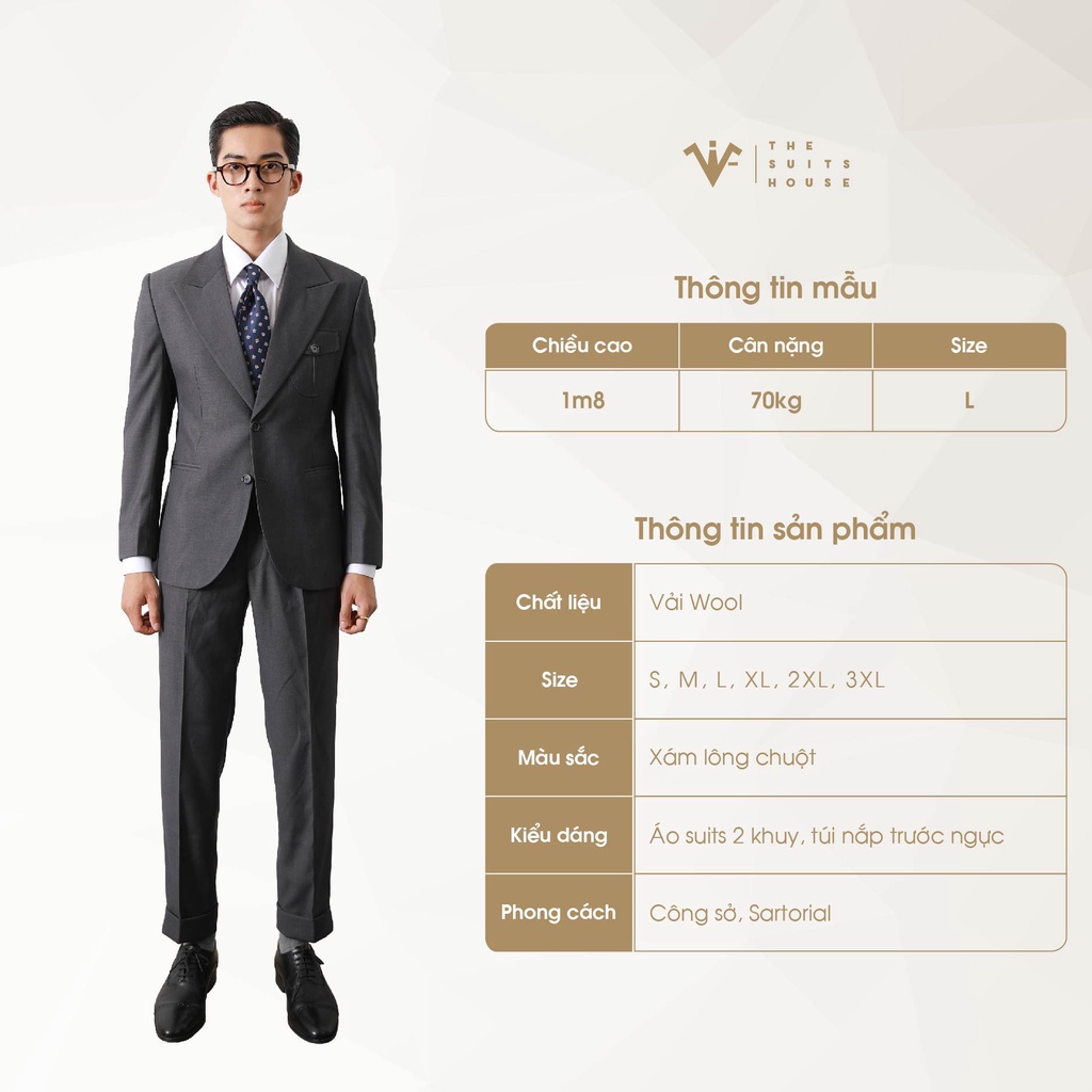 Bộ vest nam xám lông chuột 2 khuy túi hộp, suits sartorial, chất cotton pha poly The Suits House