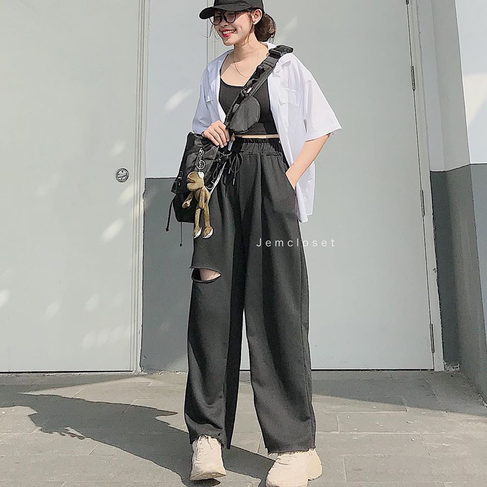 [Mã WASTUP5 giảm 10% tối đa 20K đơn 99K] Quần ống rộng rách gối jem tôn dáng style unisex dưới 60kg - Lyza Store | BigBuy360 - bigbuy360.vn