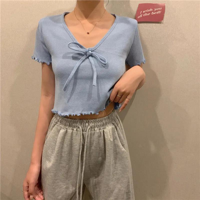 Áo Dệt Kim Tay Ngắn Cổ Chữ V Hở Rốn Dáng Ôm Thời Trang Mùa Hè Hàng Mới Dành Cho Bạn Nữ T0002