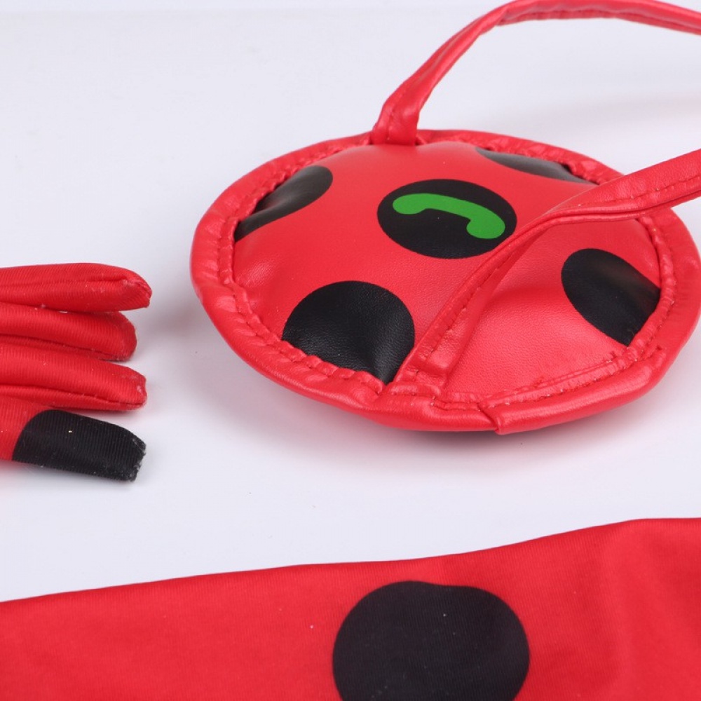 Bộ Áo Liền Quần Chấm Bi Đỏ Kèm Túi Mắt Mèo Đen Hóa Trang Halloween Cho Bé Gái