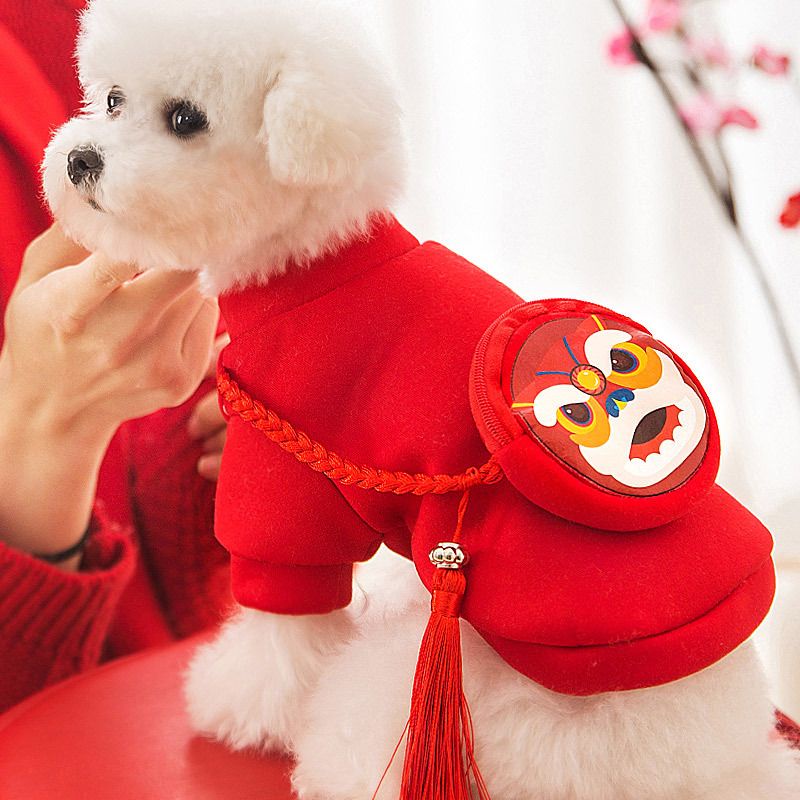 Áo tết thu đông đỏ có túi đeo chéo kì lân, hổ khoá kéo đựng lì xì, cotton mềm mại co giãn ấm áp cho chó mèo