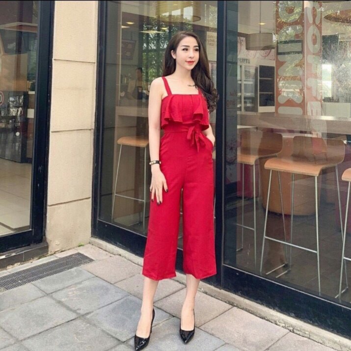 Jumpsuit dài ống suông sẻ thắt nơ eo xinh xắn ( có mút ngực )