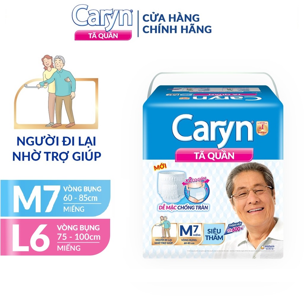 Bỉm người lớn CARYN siêu thấm dạng quần đủ size M7/L6 miếng, bỉm người già chống tràn mềm mại di chuyển tiện lợi