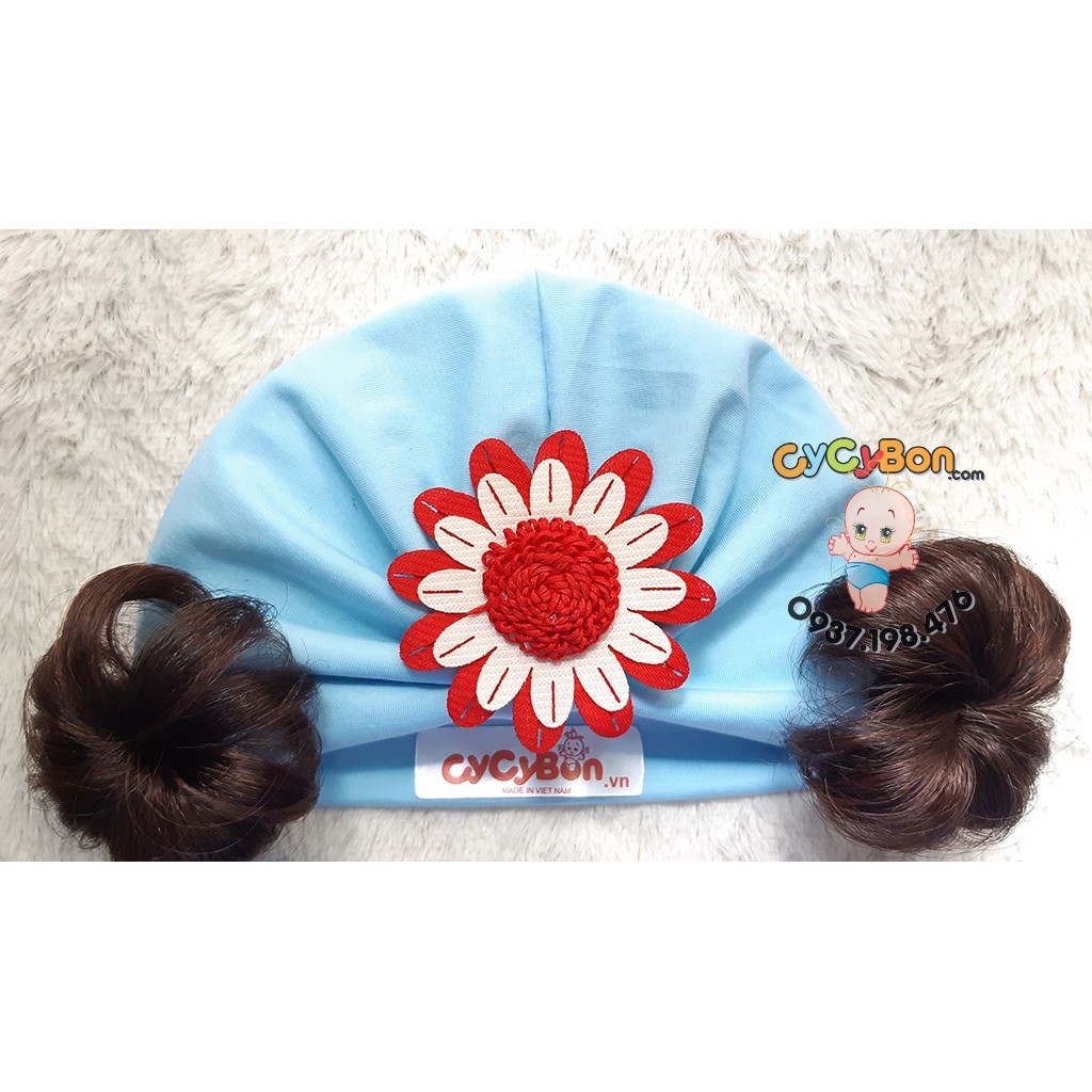 Nón Mũ Turban Tóc Giả Cho Bé Gái Màu Xanh Đính Bông Cúc Chất Vải Cotton - Có Size Từ Sơ Sinh !