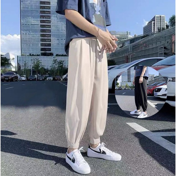 Triple A💕Summer ice silk pants men's thin loose drape casual trousers ins Korean version of the trend of Harlan nine-point trousers tide