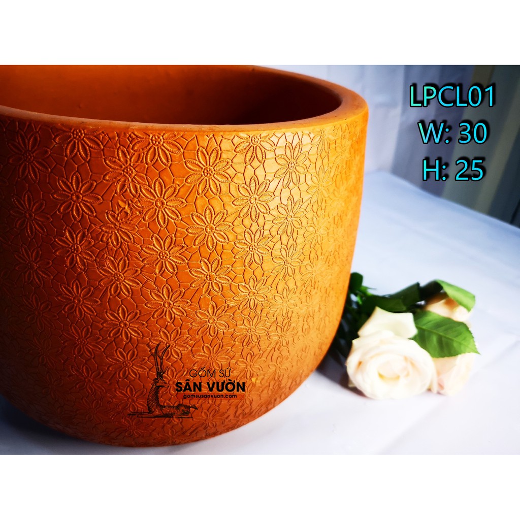Chậu gốm đất nung kiểu NỒI VÂN HOA CÚC size 30cm LPCL01 (1 cái) - Màu gốm đỏ , chậu trồng cây, gốm sứ sân vườn Bình Dươn