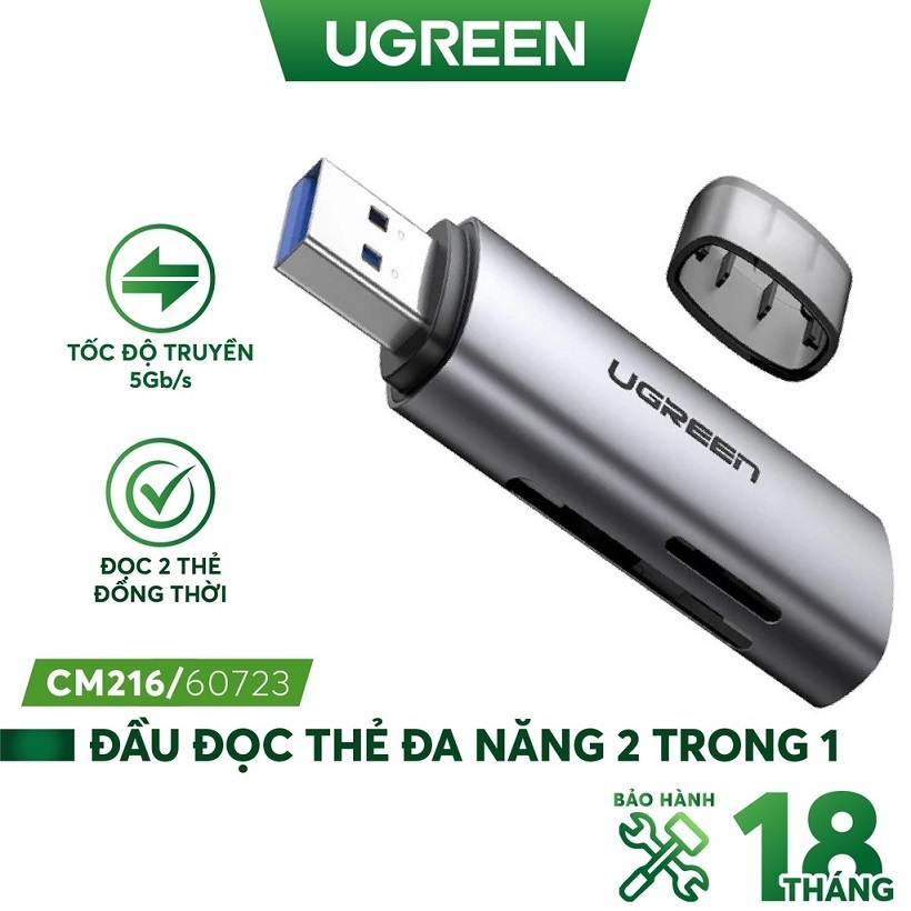 Đầu đọc thẻ đa năng SD/ TF - Tốc độ truyền 5GB/s USB 3.0 chính hãng UGREEN 60723 - Bảo hành chính hãng 18 tháng