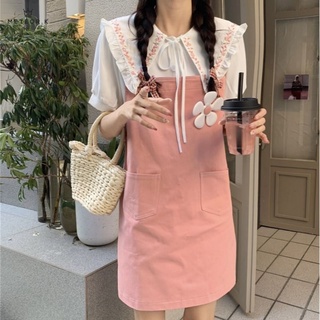 Dress Japanese cute soft short sleeve shirt two piece loose pink strap skirt strap skirt
