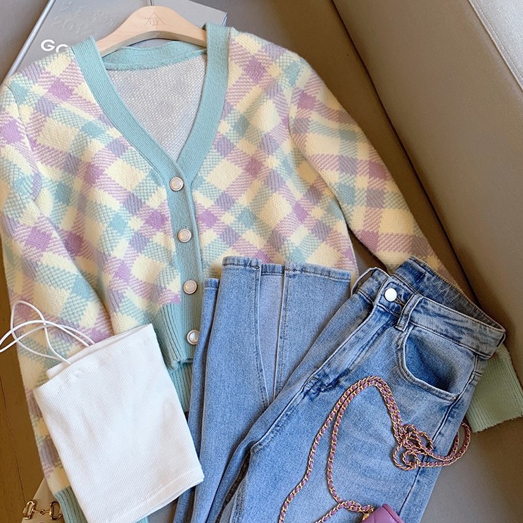 Áo khoác cardigan cổ chữ V màu sắc thời trang