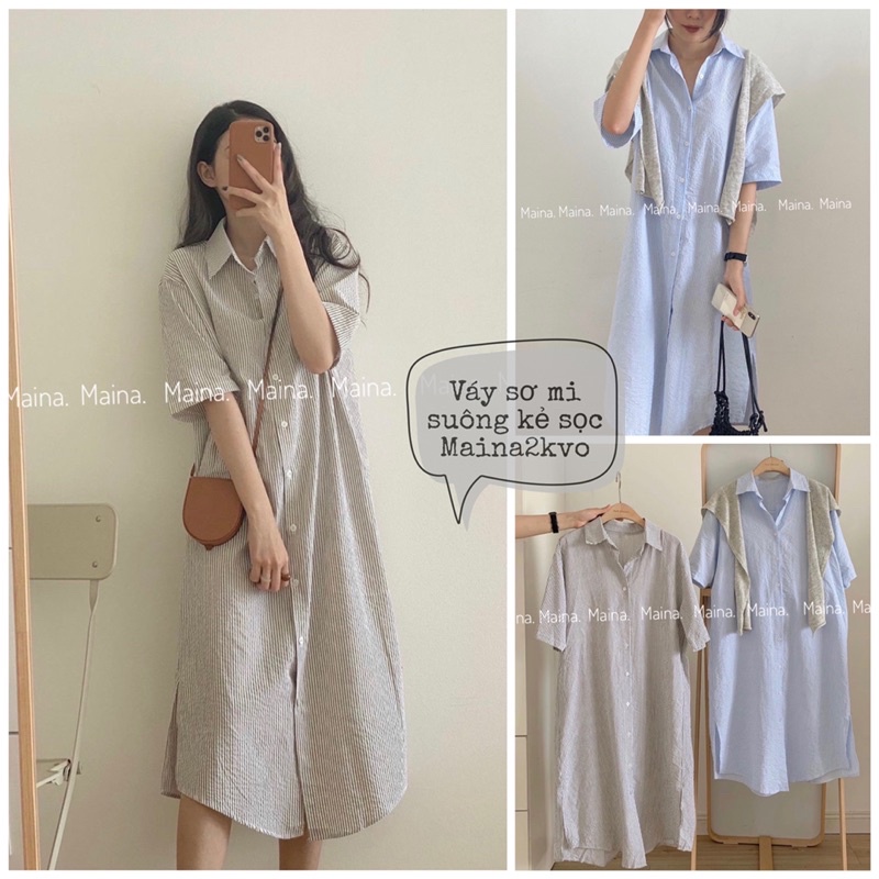 Váy polo form rộng cộc tay kẻ sọc - Đầm sơ mi dáng oversize