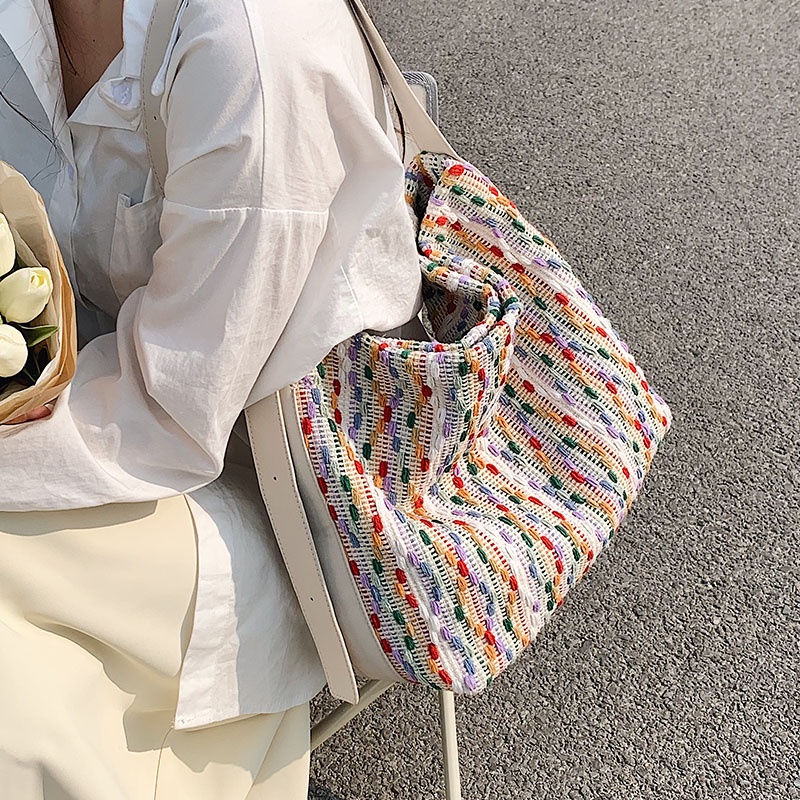 Túi Đeo Vai Vải Len Màu Cầu Vồng Cỡ Lớn Dễ Phối Đồ Cho Nữ